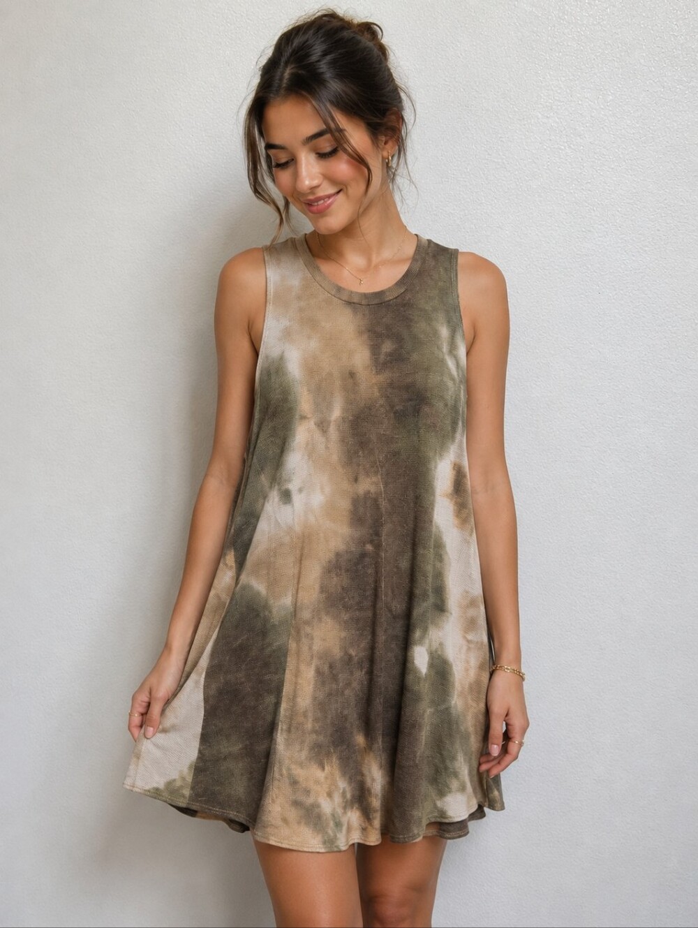 Chris & Carol Olive and Tan Tie-Dye Sleeveless Swing Dress